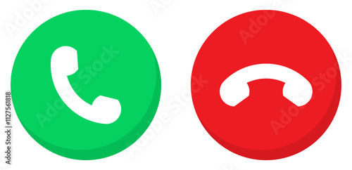Phone calling icon. Set of green and red phone call icon button. Accept and decline, answering and rejecting phone call icon button. Mobile phone incoming call sign symbol. Vector illustration.