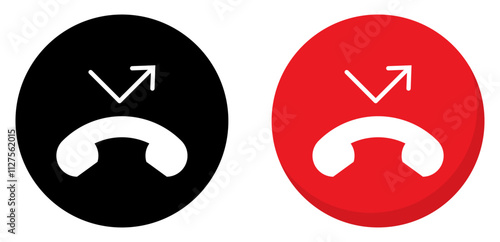 Missed call vector icon set in red and black color with shadow. Missed call from mobile phone. Miss call sign symbol. Flat style. Interface buttons for mobile connection. Isolated vector illustration.