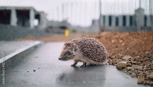 Lonely scene of a hedgehog wandering around with no place to go near a construction site photo