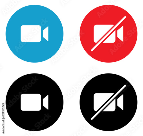Video call and mute vector icons set. Mute video call icons button set with black, blue and red color. On and off video call icons buttons isolated. Vector illustration.