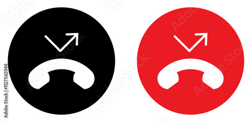 Missed call vector icon set with red and black color. Missed call from mobile phone. Miss call sign symbol. Flat style. Interface buttons for mobile connection. Isolated vector illustration.
