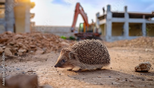 Lonely scene of a hedgehog wandering around with no place to go near a construction site photo