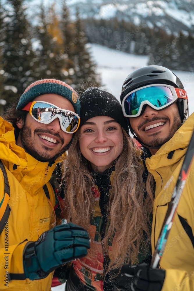 Close-up of four friends in winter sports gear, one in skiing attire holding poles, another in snowboarding gear with a board resting on their shoulder Close-up of four friends in winter sports gear, one in skiing attire holding poles, another in snowboarding gear with a board resting on their shoulder