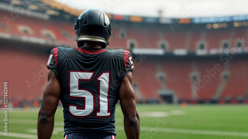 Back view of an american football defensive end player in the stadium with blue and red helmet and blue, red and white number 51 jersey