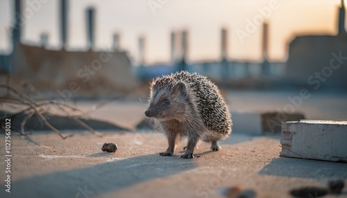 Lonely scene of a hedgehog wandering around with no place to go near a construction site photo