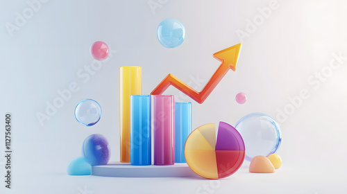 lying composition 3d icon, UI icon, a chart icon, bar chart has a rising arrow on it, bar chart, pie chart, a rising arrow, frosted glass, transparent, white background, transparent technology sense