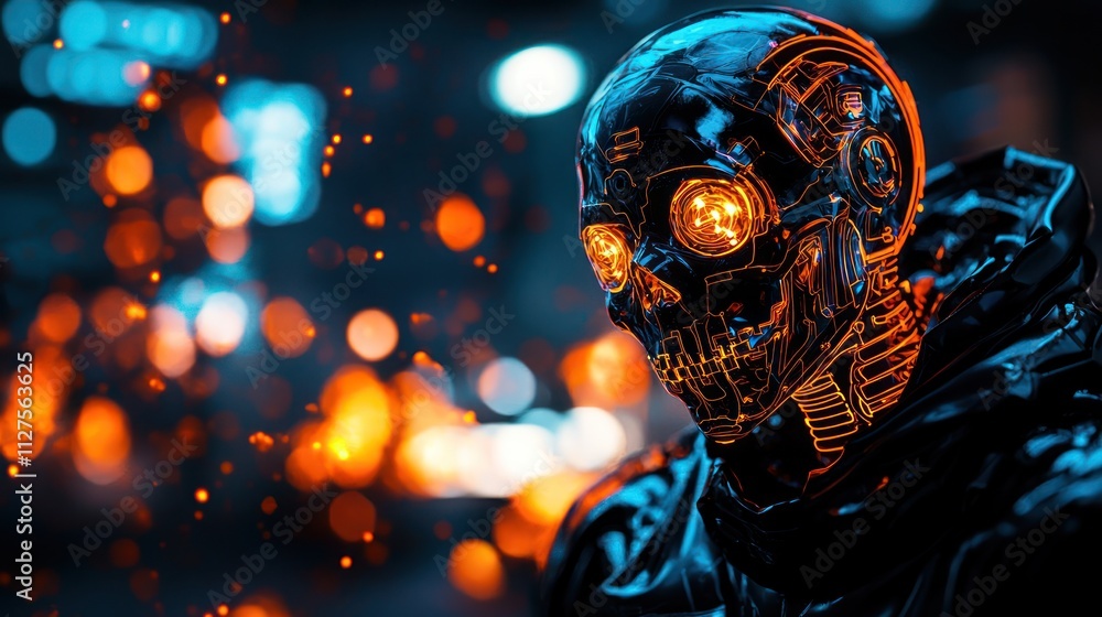 A Halloween-themed cyborg with digital neon elements, symbolizing the intersection of artificial intelligence, NFTs, and blockchain technologies. A Halloween-themed cyborg with digital neon elements, symbolizing the intersection of artificial intelligence, NFTs, and blockchain technologies.