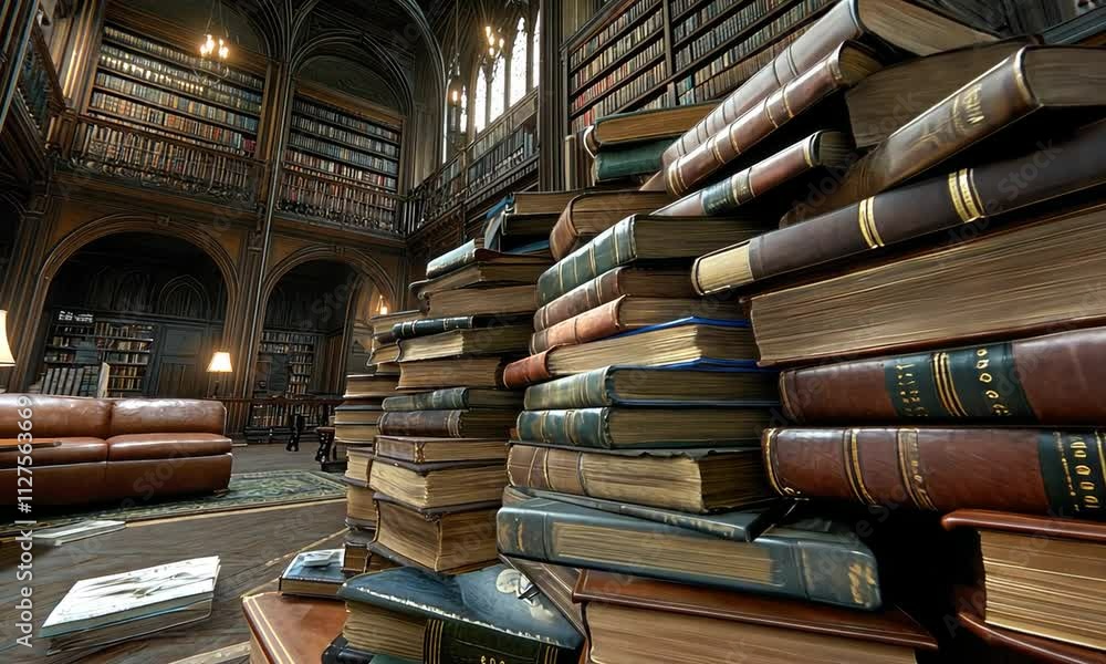Discover a breathtaking library featuring large stacks of books, intricate architecture, and warm lighting inviting readers to explore