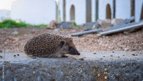 Lonely scene of a hedgehog wandering around with no place to go near a construction site photo