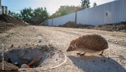 Lonely scene of a hedgehog wandering around with no place to go near a construction site photo