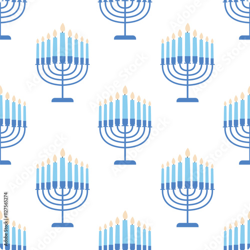 Happy Hanukkah seamless pattern. Blue Jewish holiday print with menorah.