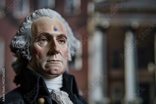 George Washington portrait with blurred Independence Hall background