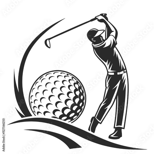 Golf Swing Vector Illustration:  A golfer in mid-swing, captured in a dynamic black and white illustration. The golfer is poised to strike the ball, with the ball prominent in the foreground.