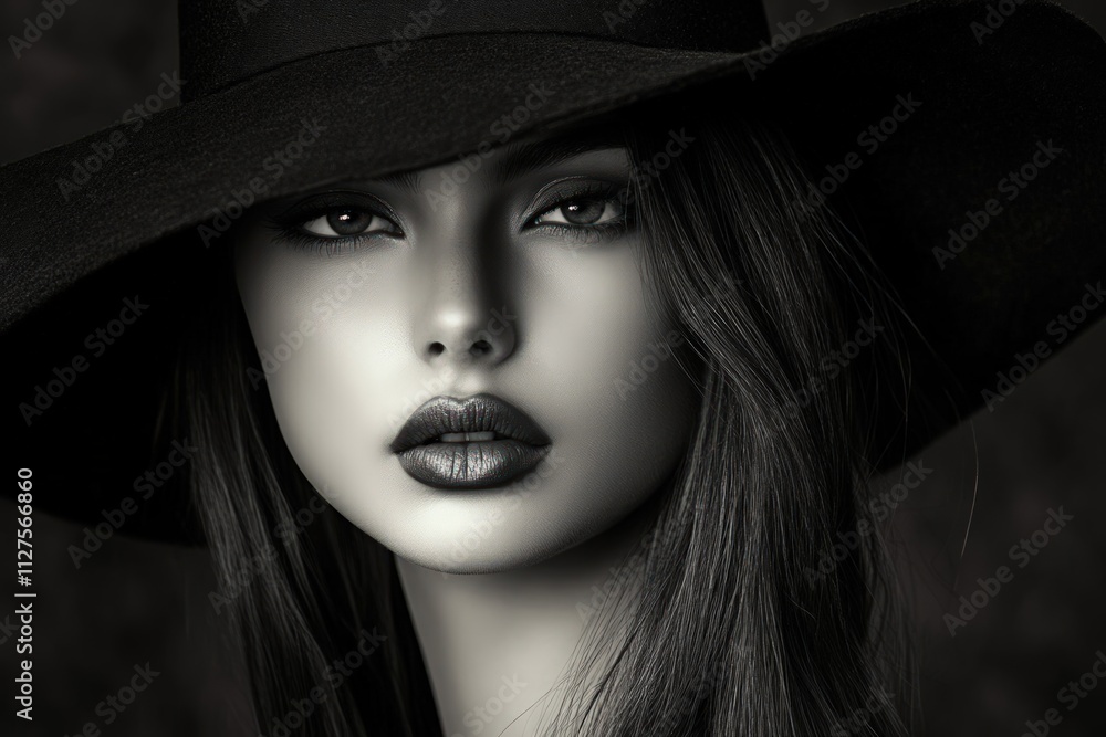 Black hat, woman, dark hair, glamorous portrait. Black hat, woman, dark hair, glamorous portrait.
