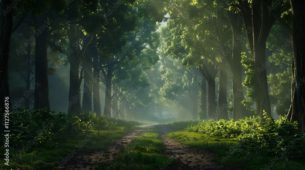 A row of tall trees with thick leaves creating a canopy over a dirt trail in the forest A row of tall trees with thick leaves creating a canopy over a dirt trail in the forest