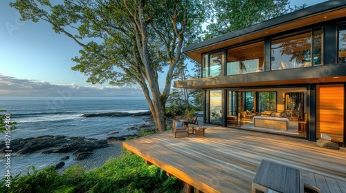 Beach house with a spacious deck.