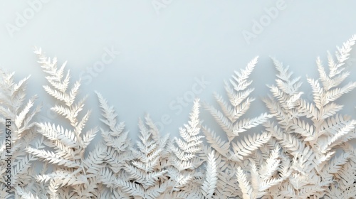 Boston Fern Composition: Geometric Elegance in Soft Champagne on Light Gray-Blue Background with Paper-Cut Precision and Studio Quality Lighting.