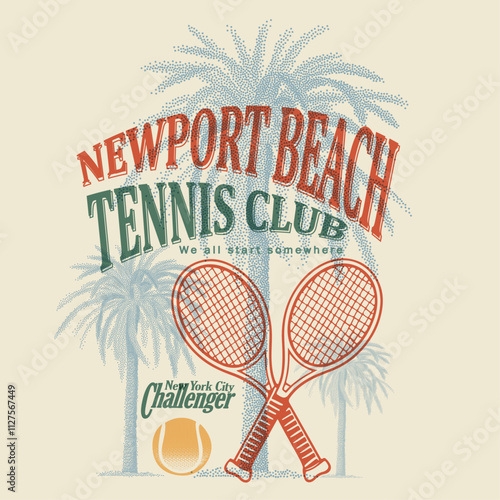 Summer Tennis Club. tennis print design. summer print design. Newport beach. palm tree beach. tropical palm beach. vintage retro artwork.