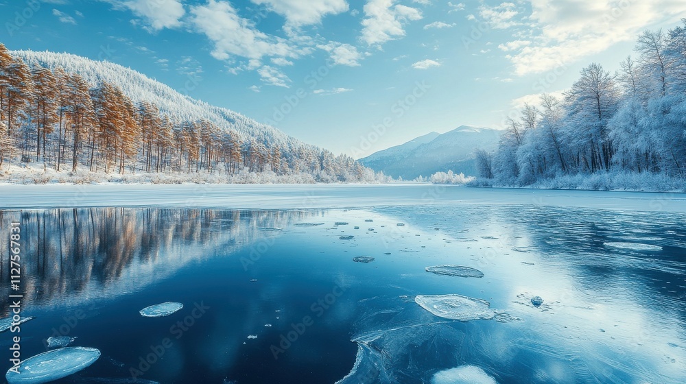 Blue ice and cracks on the surface of the ice. Frozen lake under a blue sky in the winter. The hills of pines. Blue ice and cracks on the surface of the ice. Frozen lake under a blue sky in the winter. The hills of pines.