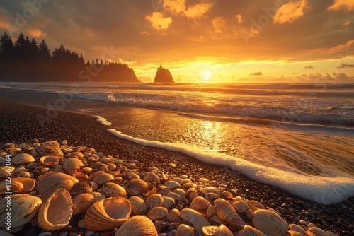 Golden sunset over a shell-strewn beach, with rolling waves and silhouettes of coastal trees along the horizon. photo