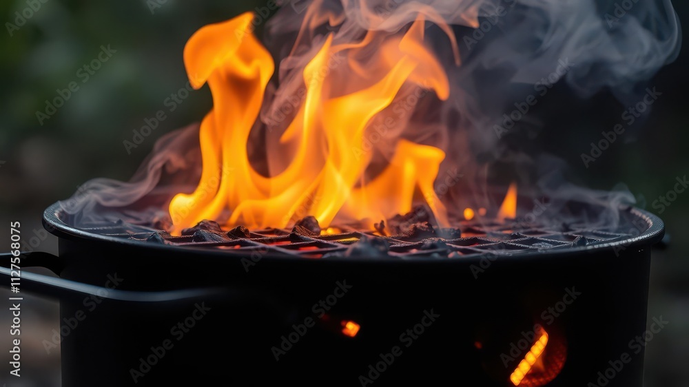 Close-up shot of a hot charcoal grill with flames and billowing smoke, cookout, heat Close-up shot of a hot charcoal grill with flames and billowing smoke, cookout, heat
