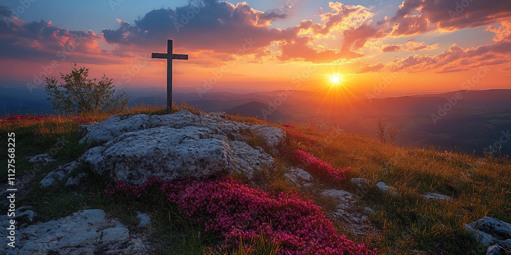 sunset over the mountains, cross on top of the mountain sunset over the mountains, cross on top of the mountain