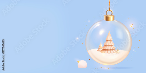 A beautifully crafted Christmas ball featuring a delightful Christmas tree enclosed within it, all set against a charming blue background