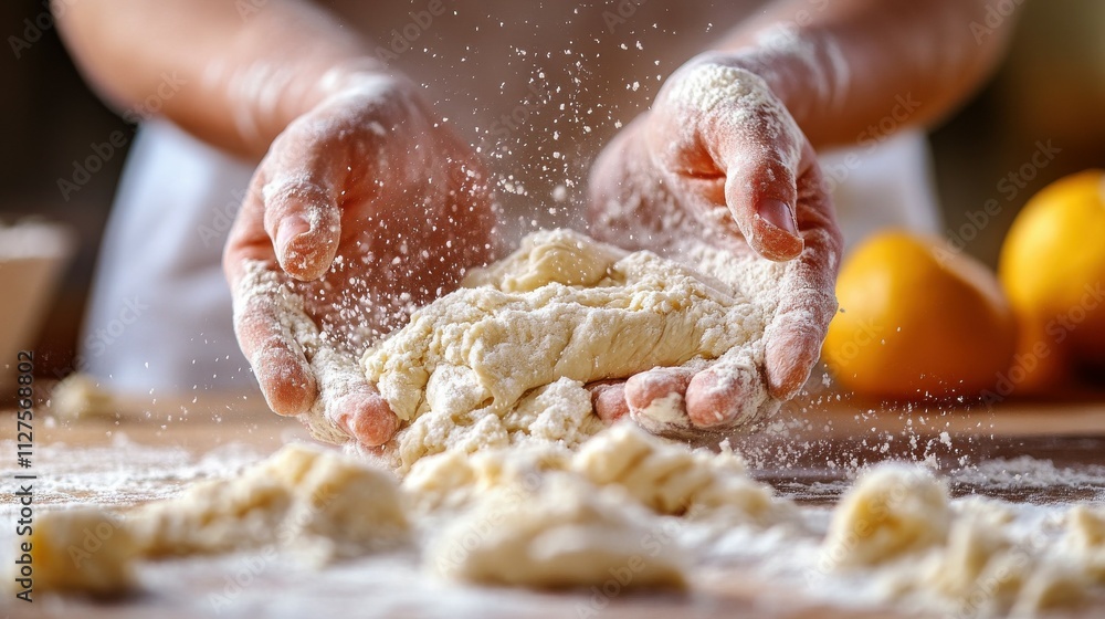 Fototapeta premium Close-up of hands kneading dough with flour dusting the surface.