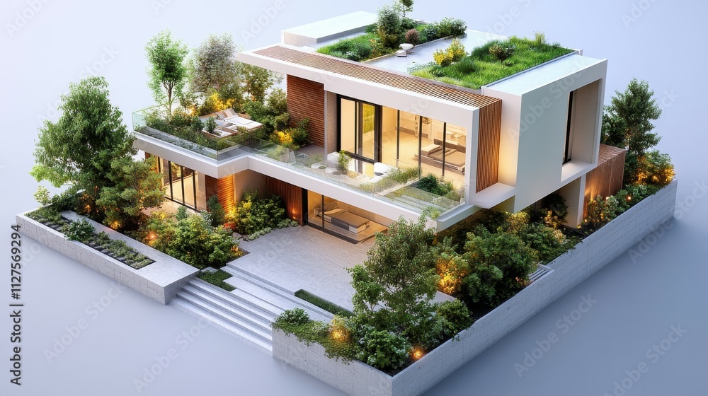 Fototapeta premium Contemporary villa with a rooftop garden.