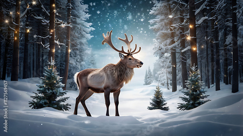 Christmas banner showcasing a magical scene with a reindeer at the center in a snowy forest, surrounded by lit Christmas trees and stars, featuring ample copy space