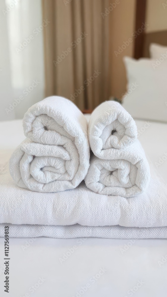 Luxurious towels neatly folded on a hotel room bed, folded, linens Luxurious towels neatly folded on a hotel room bed, folded, linens