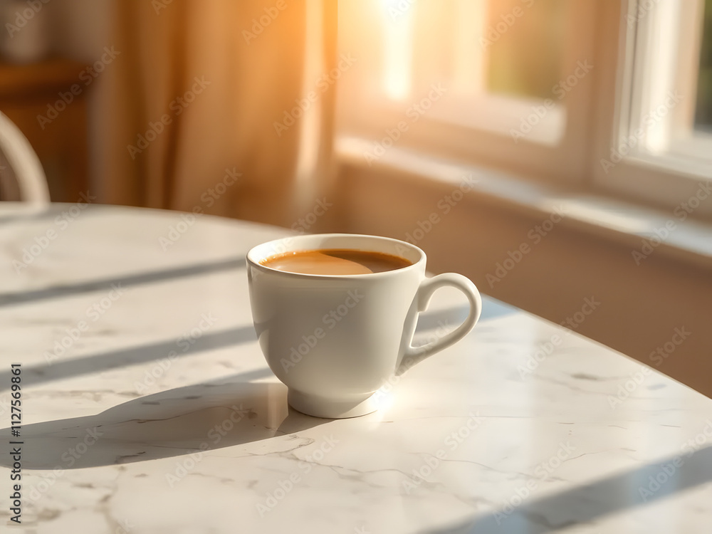 Elegant ceramic coffee cup on a marble surface with warm sunlight and soft shadows Elegant ceramic coffee cup on a marble surface with warm sunlight and soft shadows