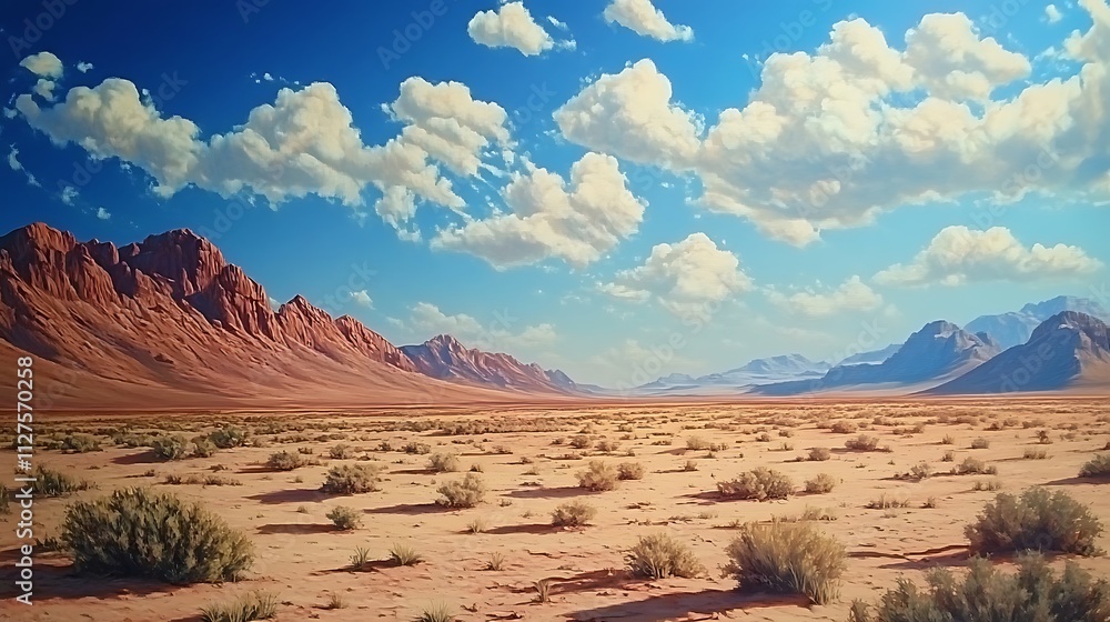 Naklejka premium A vast desert landscape with mountains and a bright blue sky filled with clouds.