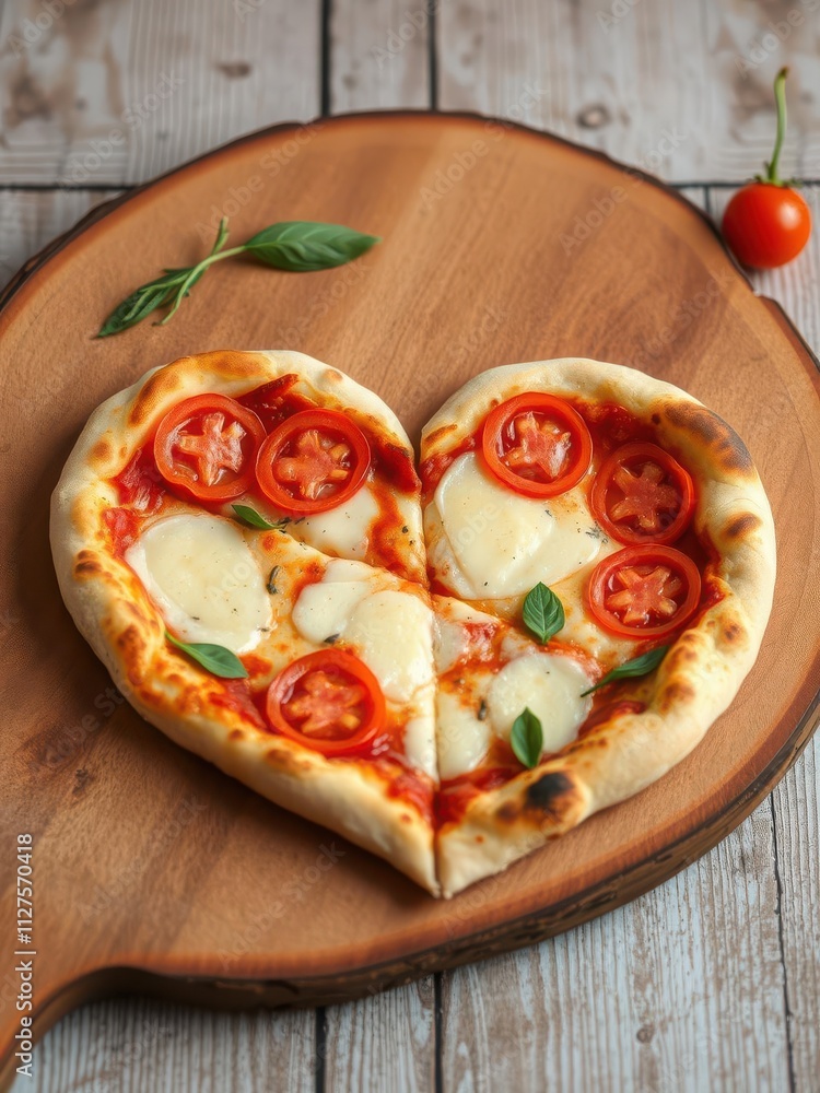 Pizza in heart shape made with cheese and tomato slices on rustic vintage wooden boards, gourmet, homemade Pizza in heart shape made with cheese and tomato slices on rustic vintage wooden boards, gourmet, homemade