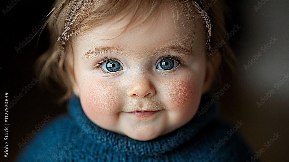 Adorable baby girl with big blue eyes, rosy cheeks, and a sweet smile, wearing a blue sweater. Adorable baby girl with big blue eyes, rosy cheeks, and a sweet smile, wearing a blue sweater.