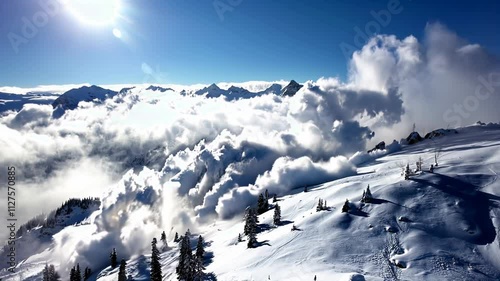 A massive avalanche rushes down a snow-covered mountain slope, creating clouds of snow dust against a clear blue sky. Trees stand against the backdrop of this breathtaking natural event.