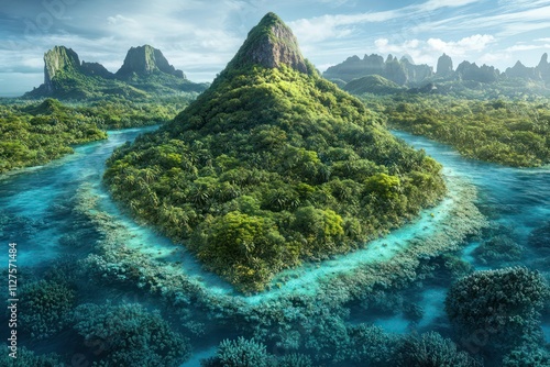 Fototapeta Naklejka Na Ścianę i Meble -  Pear-shaped island surrounded by lush coral reefs, with a central mountain peak rising from the forest.