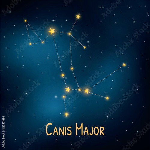 Canis major constellation in starry night sky: celestial map with bright stars.