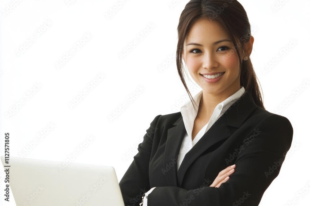 Confident Smiling Young Asian Businesswoman with Laptop in Professional Setting Confident Smiling Young Asian Businesswoman with Laptop in Professional Setting