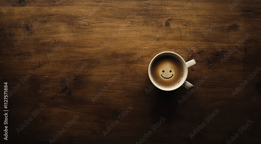 Coffee cup with a smiley face on a rustic wooden table during morning hours creates a cozy atmosphere Coffee cup with a smiley face on a rustic wooden table during morning hours creates a cozy atmosphere