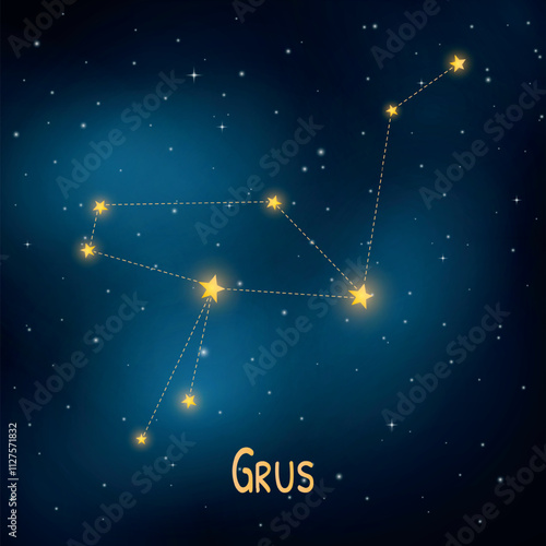 Celestial map of grus constellation in a starry night sky.