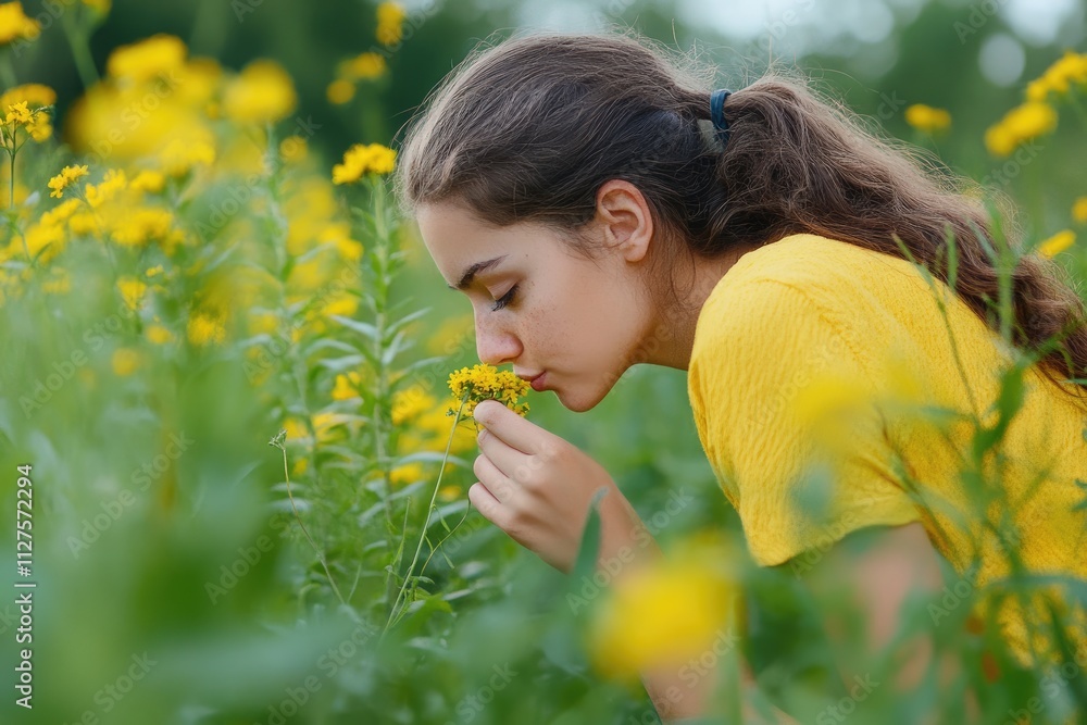 Charming Lady Enjoying the Fragrance of Blossoms in a Vibrant Meadow Charming Lady Enjoying the Fragrance of Blossoms in a Vibrant Meadow