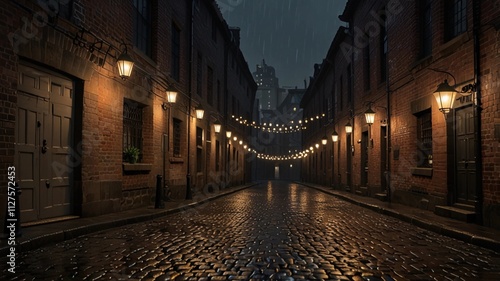 empty cobblestone alley under a steady rainfall