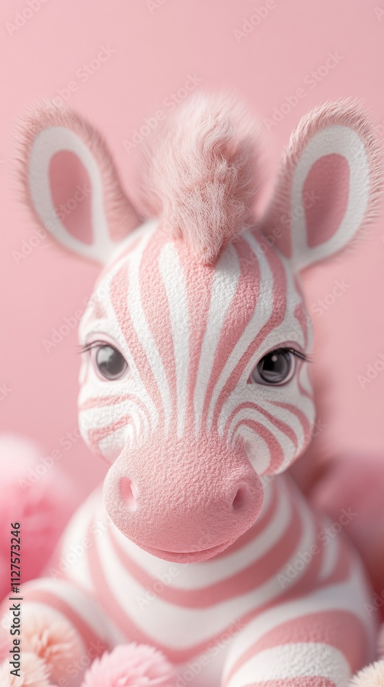 Cute pink and white striped zebra toy against a soft pink background Cute pink and white striped zebra toy against a soft pink background