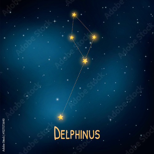 Delphinus constellation in the night sky with stars and blue background.