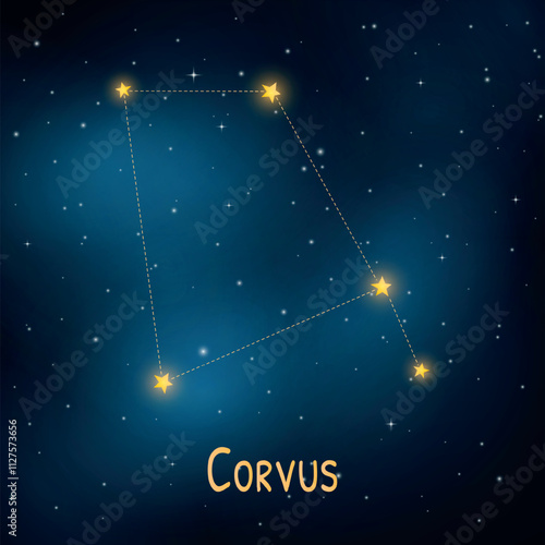Corvus constellation: illuminated night sky with shining stars and cosmic background.