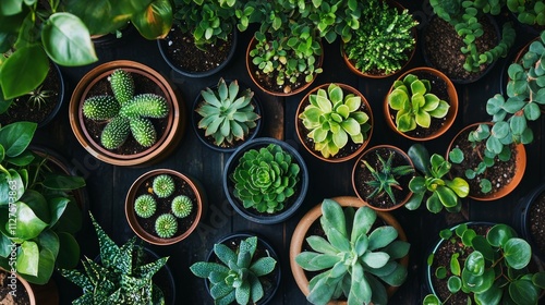 Top view of assorted potted succulents and cacti