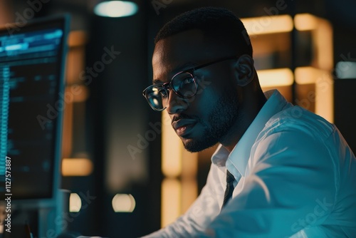 Data Scientist in Action - An African American man coding in a modern workspace, driving innovation through AI.