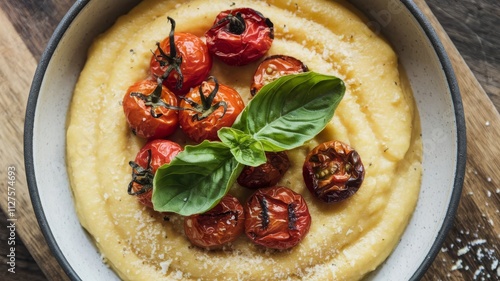 Creamy Polenta with Roasted Cherry Tomatoes and Fresh Basil. Delicious creamy polenta topped with roasted cherry tomatoes and fresh basil, perfect for a savory meal or side dish.
