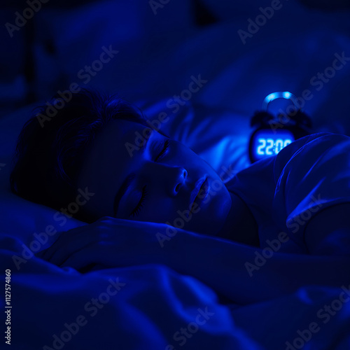 Young caucasian female sleeping peacefully at night with digital clock displaying 22:00 photo